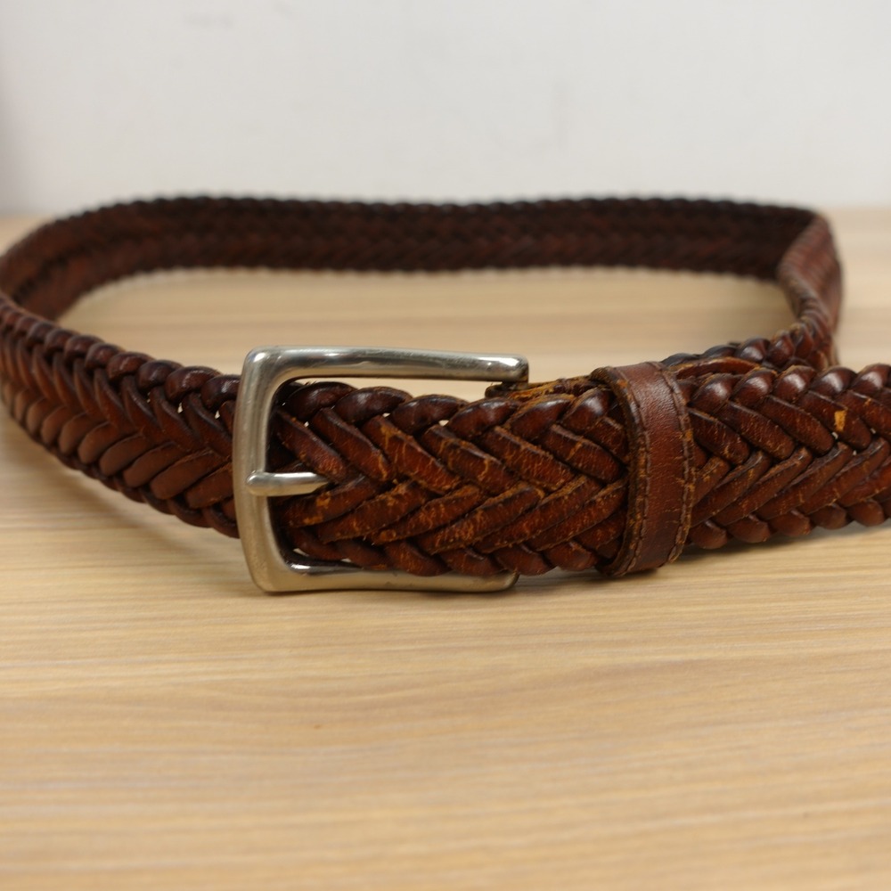 Trafalgar Mens Braided Belt 32 80 Dark Brown Genuine Leather Silver Buckle Prep